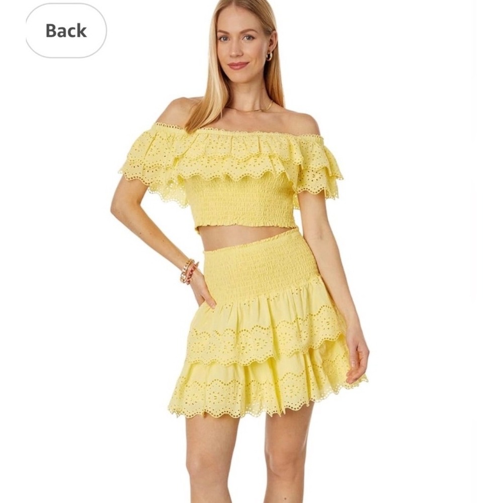 Lilly Pulitzer Brexley Yellow Eyelet Smocked Two Piece Skirt Set Large